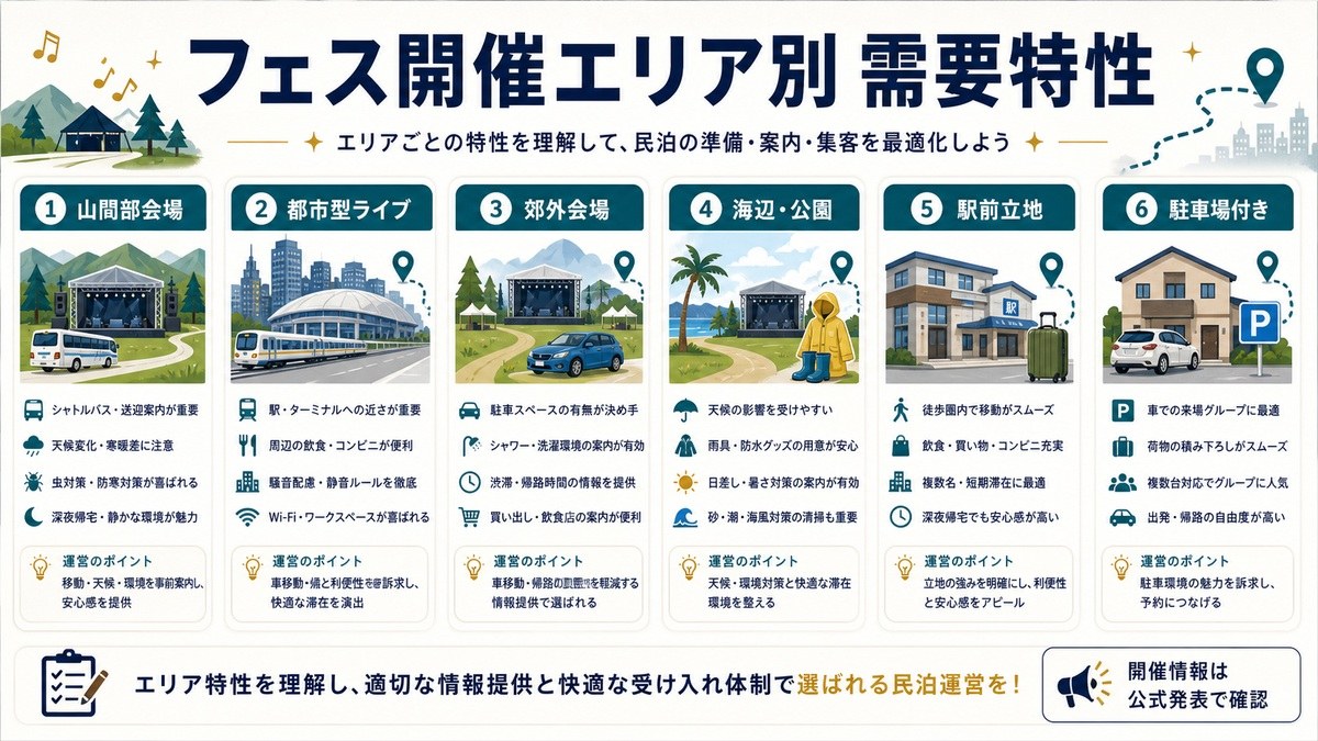 フェス開催エリア別の需要特性を山間部会場、都市型ライブ、郊外会場、海辺と公園、駅前立地、駐車場付きで整理した図解