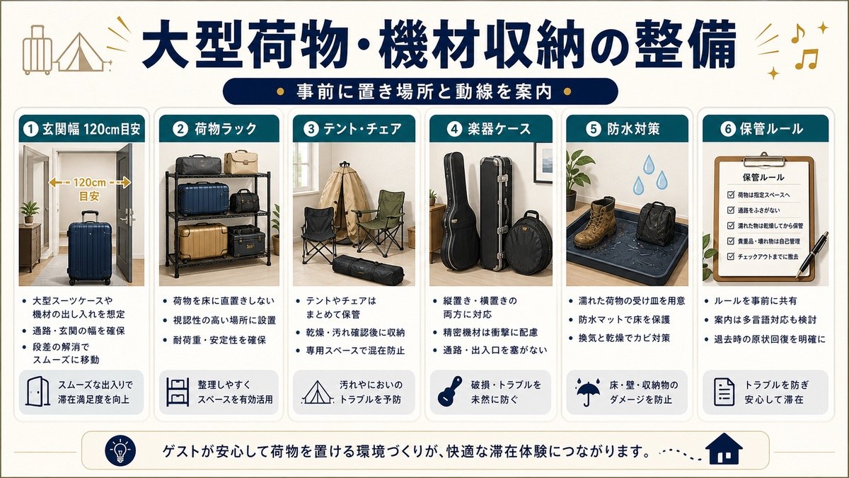 大型荷物と機材収納の整備を玄関幅、荷物ラック、テントとチェア、楽器ケース、防水対策、保管ルールで整理した図解