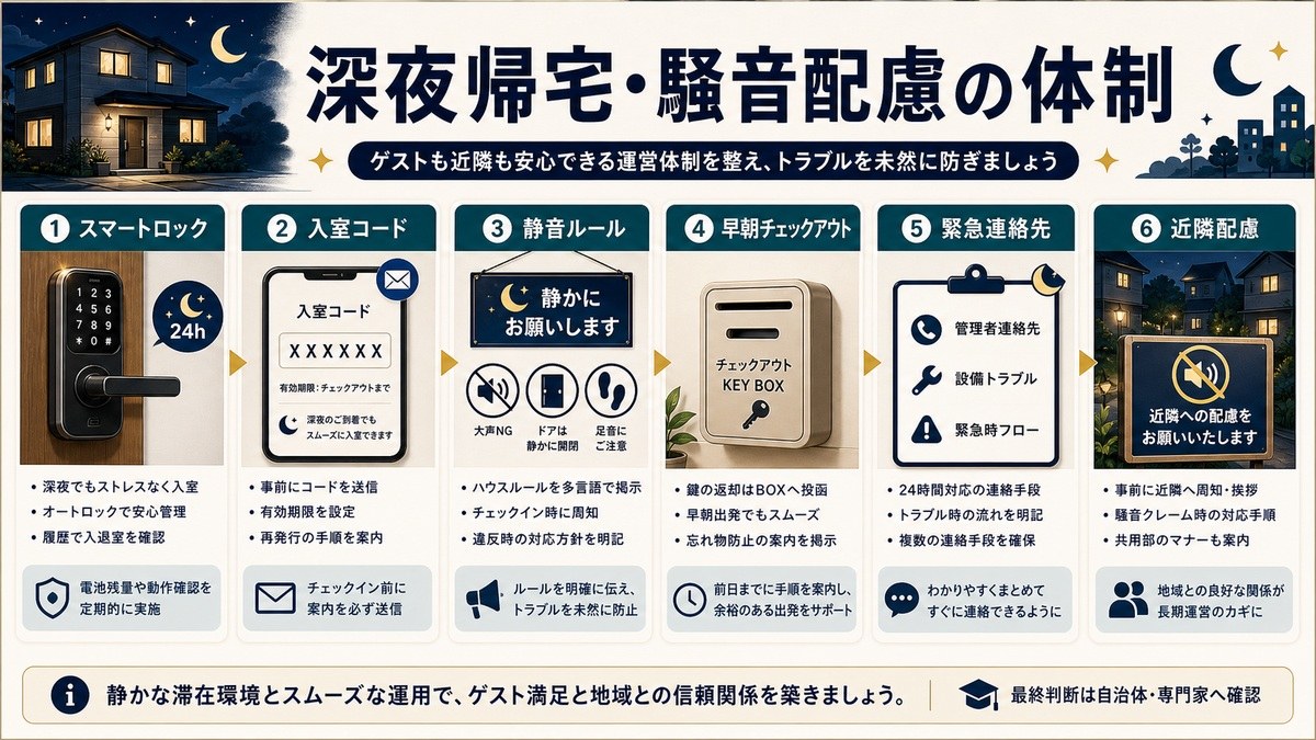 深夜帰宅と騒音配慮の体制をスマートロック、入室コード、静音ルール、早朝チェックアウト、緊急連絡先、近隣配慮で整理した図解