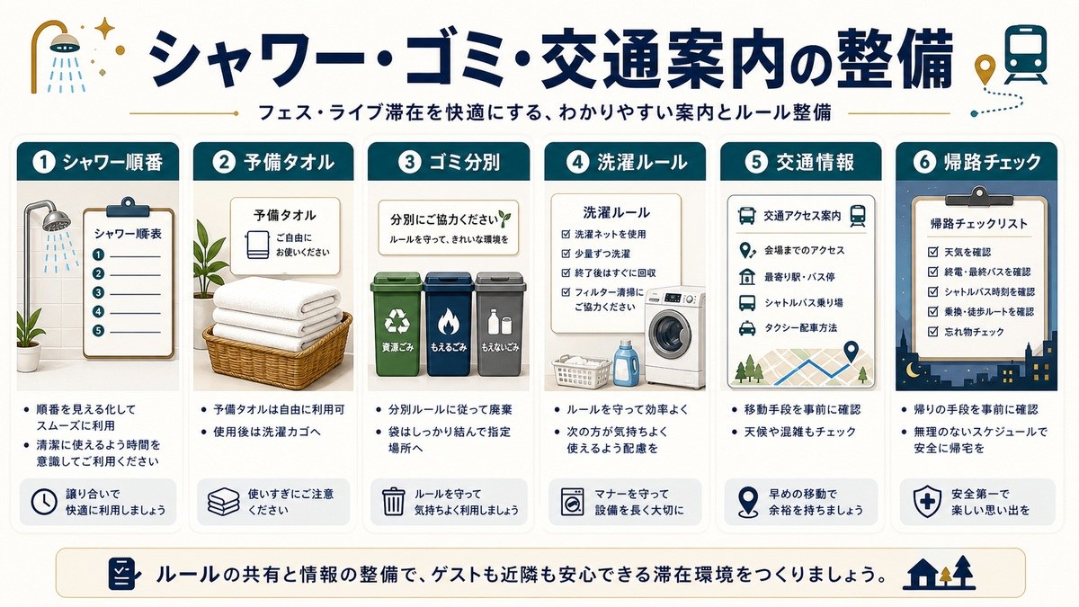 シャワーとゴミと交通案内の整備をシャワー順番、予備タオル、ゴミ分別、洗濯ルール、交通情報、帰路チェックで整理した図解