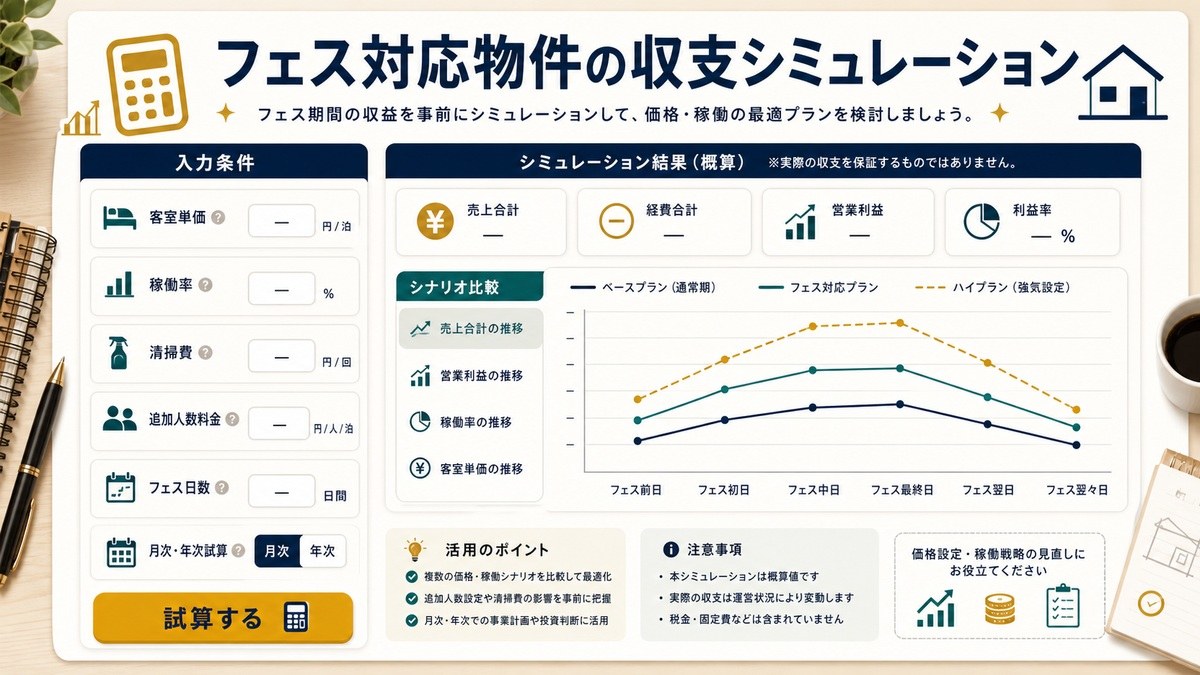 フェス対応物件の収支シミュレーター入力項目を客室単価、稼働率、清掃費、追加人数料金、フェス日数、月次年次試算で整理した図解