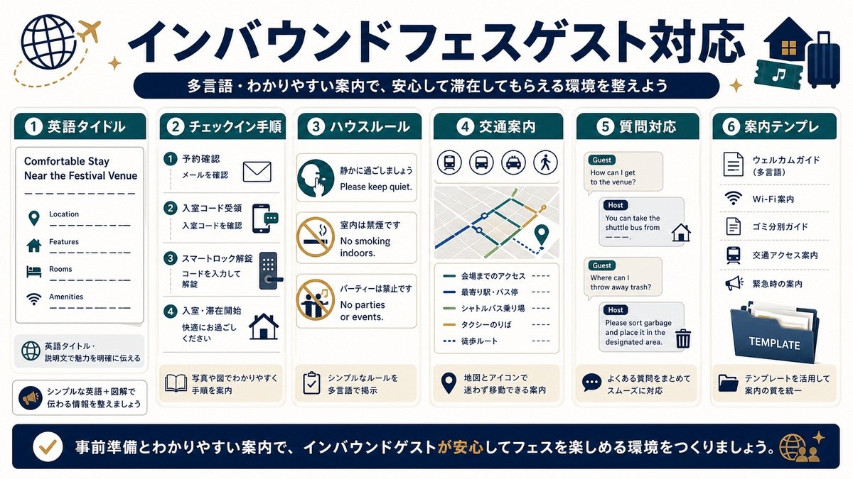 インバウンドフェスゲスト対応を英語タイトル、チェックイン手順、ハウスルール、交通案内、質問対応、案内テンプレで整理した図解