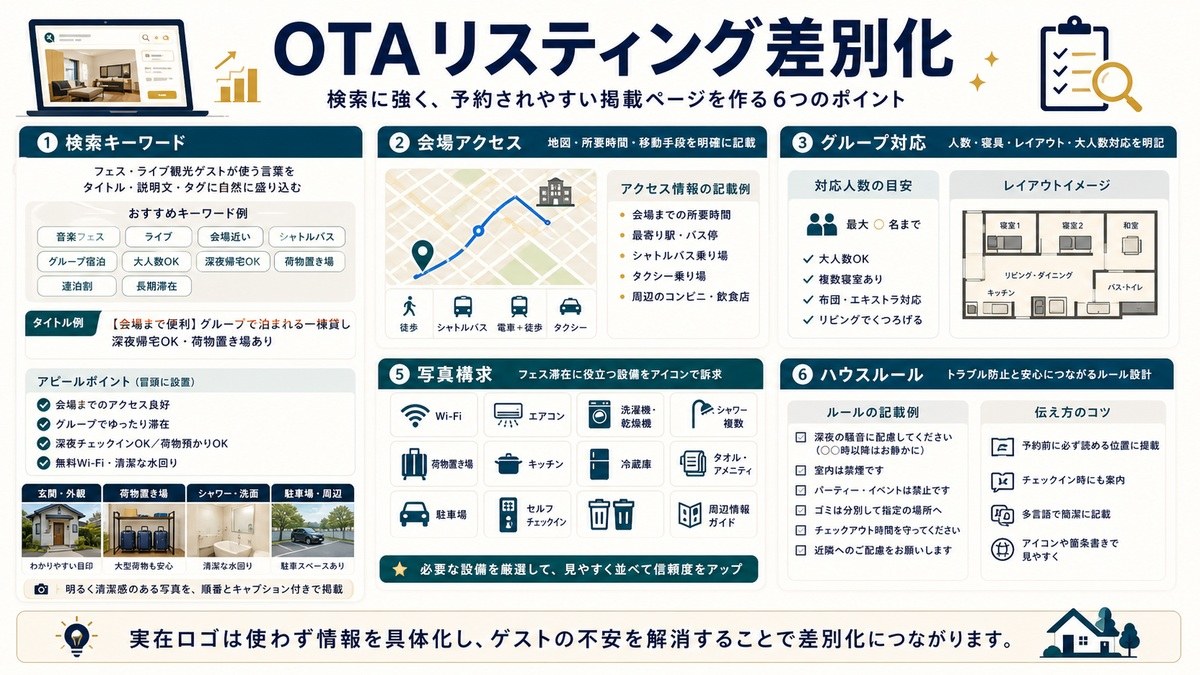 OTAリスティング差別化を検索キーワード、会場アクセス、グループ対応、写真構成、設備訴求、ハウスルールで整理した図解