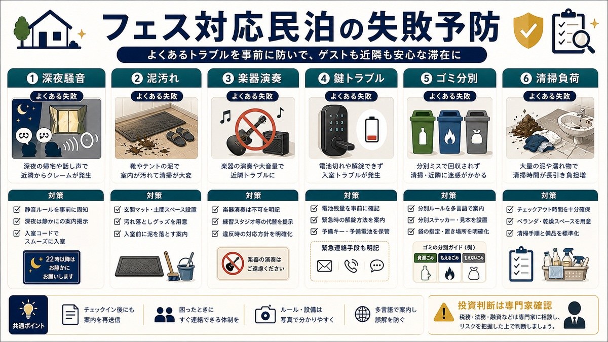 フェス対応民泊の失敗予防を深夜騒音、泥汚れ、楽器演奏、鍵トラブル、ゴミ分別、清掃負荷で整理した図解