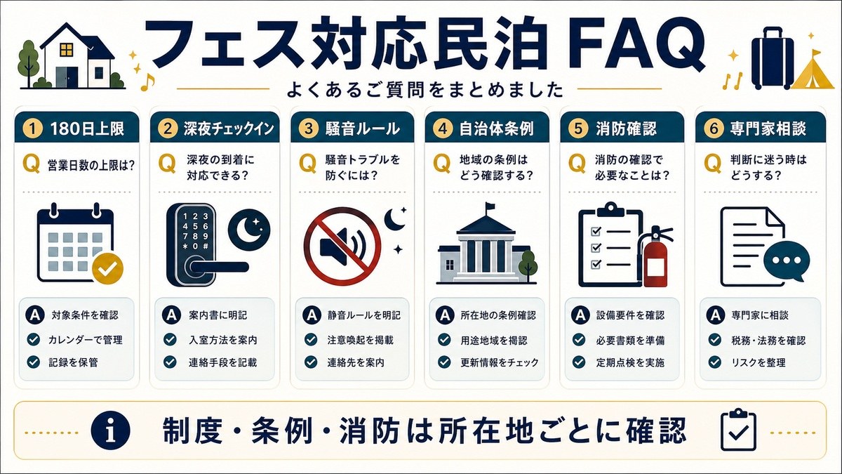 フェス対応民泊のFAQを180日上限、深夜チェックイン、騒音ルール、自治体条例、消防確認、専門家相談で整理した図解