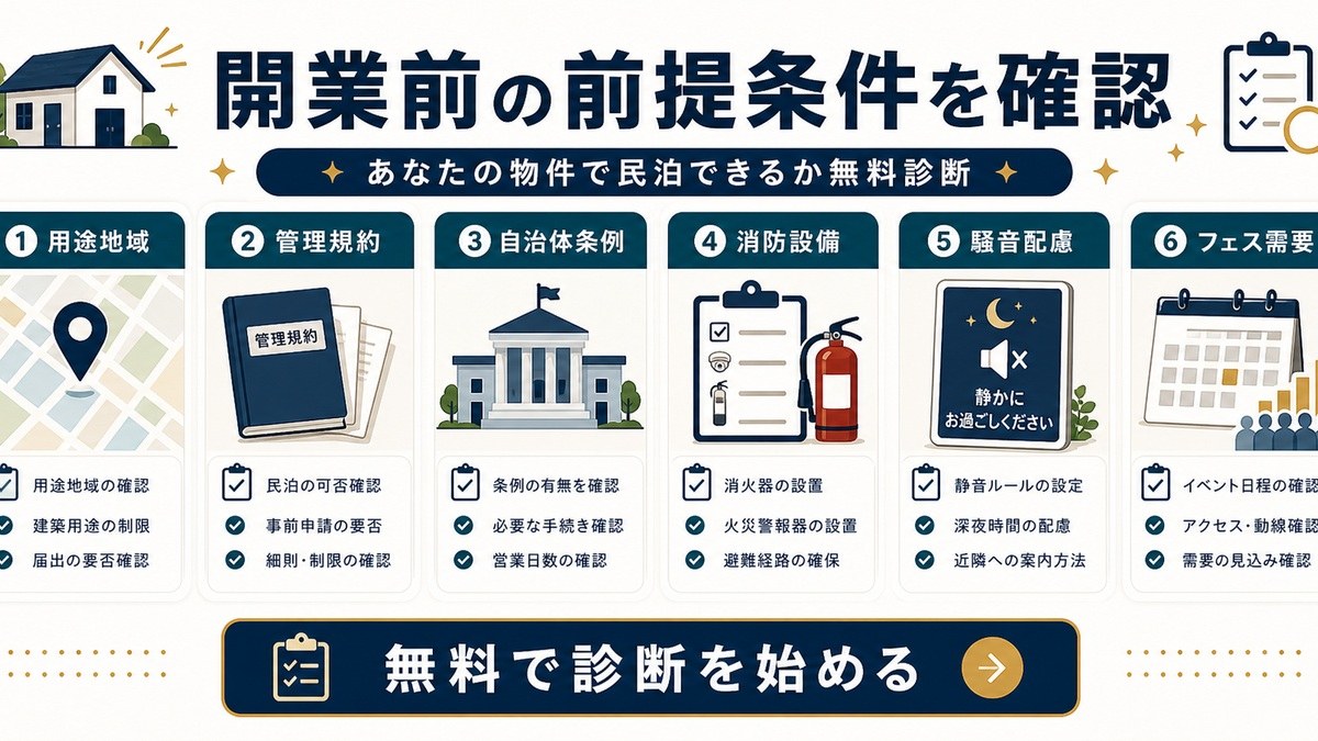 フェス対応物件の開業前に確認する用途地域、管理規約、自治体条例、消防設備、騒音配慮、フェス需要を整理した無料診断CTA画像