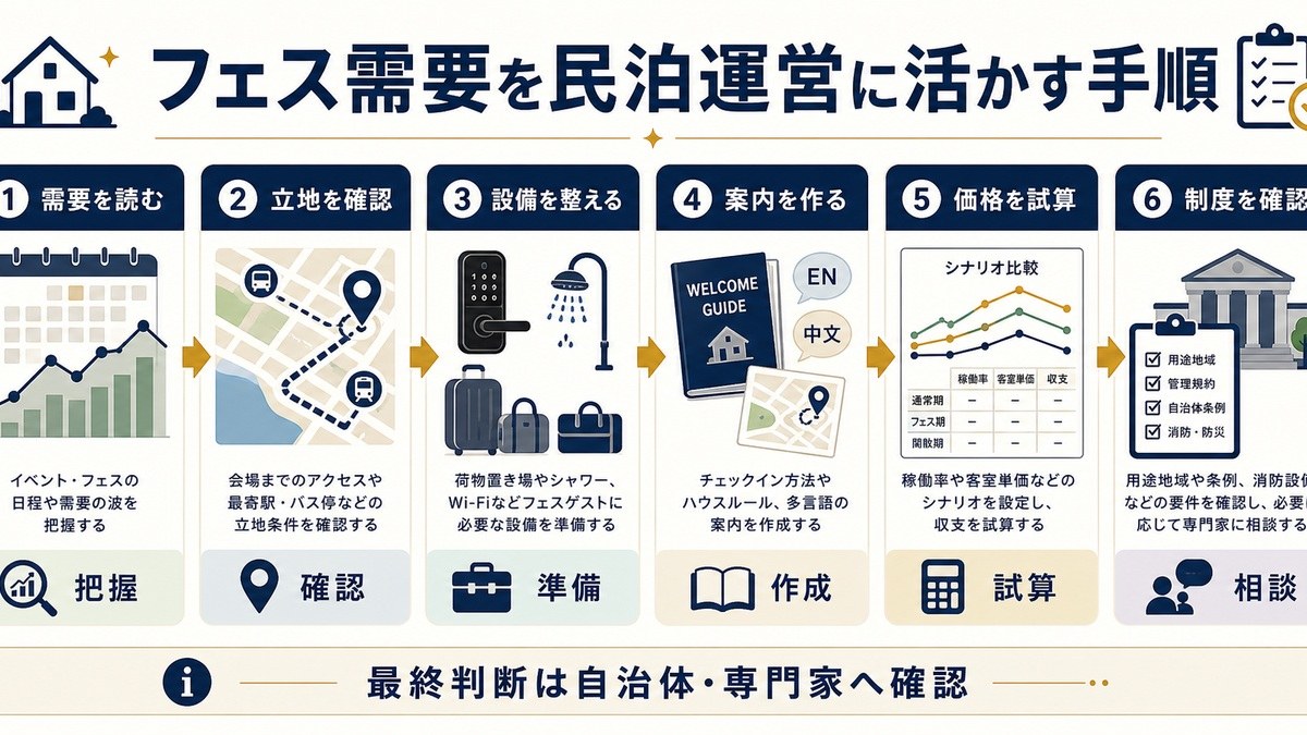 フェス需要を民泊運営に活かす手順を需要把握、立地確認、設備準備、案内作成、価格試算、制度確認で整理した図解