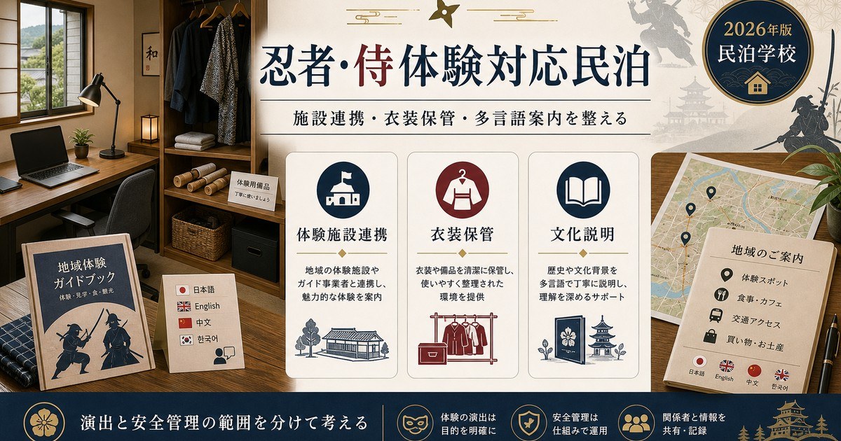 忍者・侍体験対応民泊の施設連携、衣装保管、文化説明を整理した図