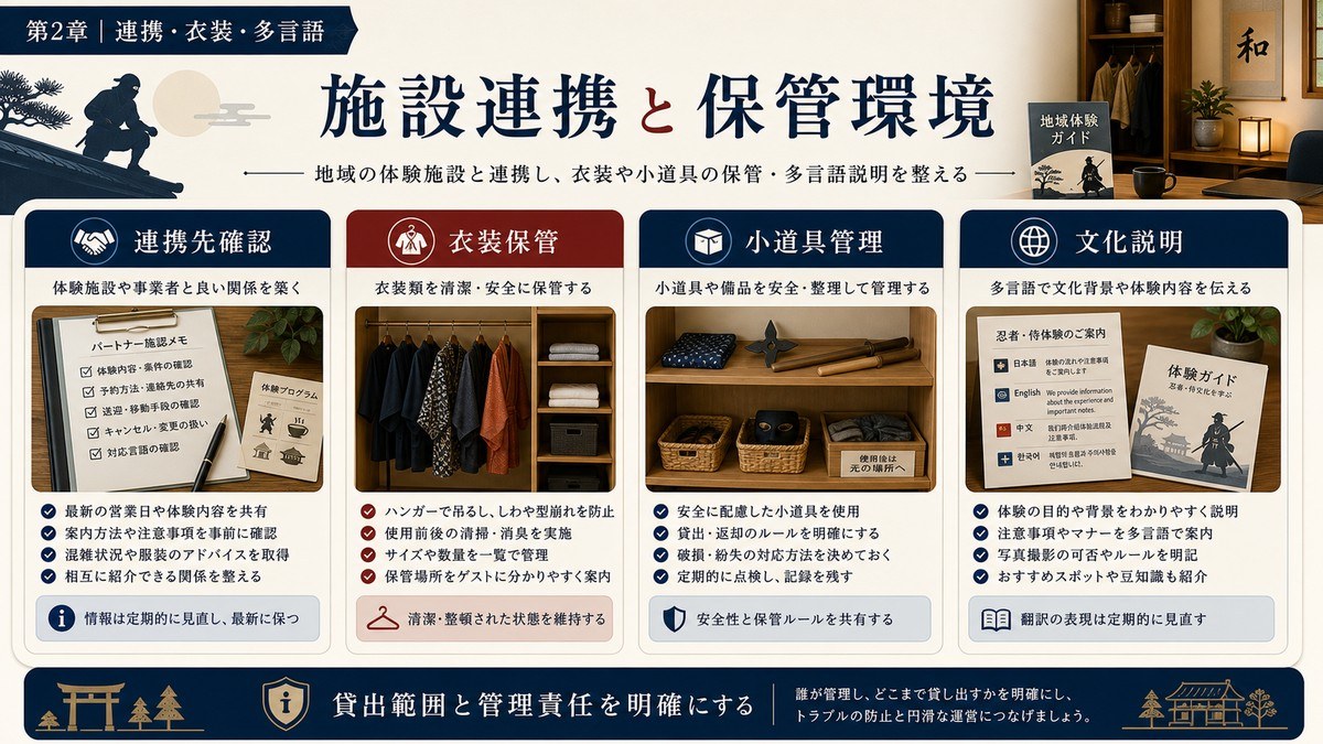 忍者・侍体験対応民泊の施設連携と保管環境を連携先確認、衣装保管、小道具管理、文化説明で整理した図
