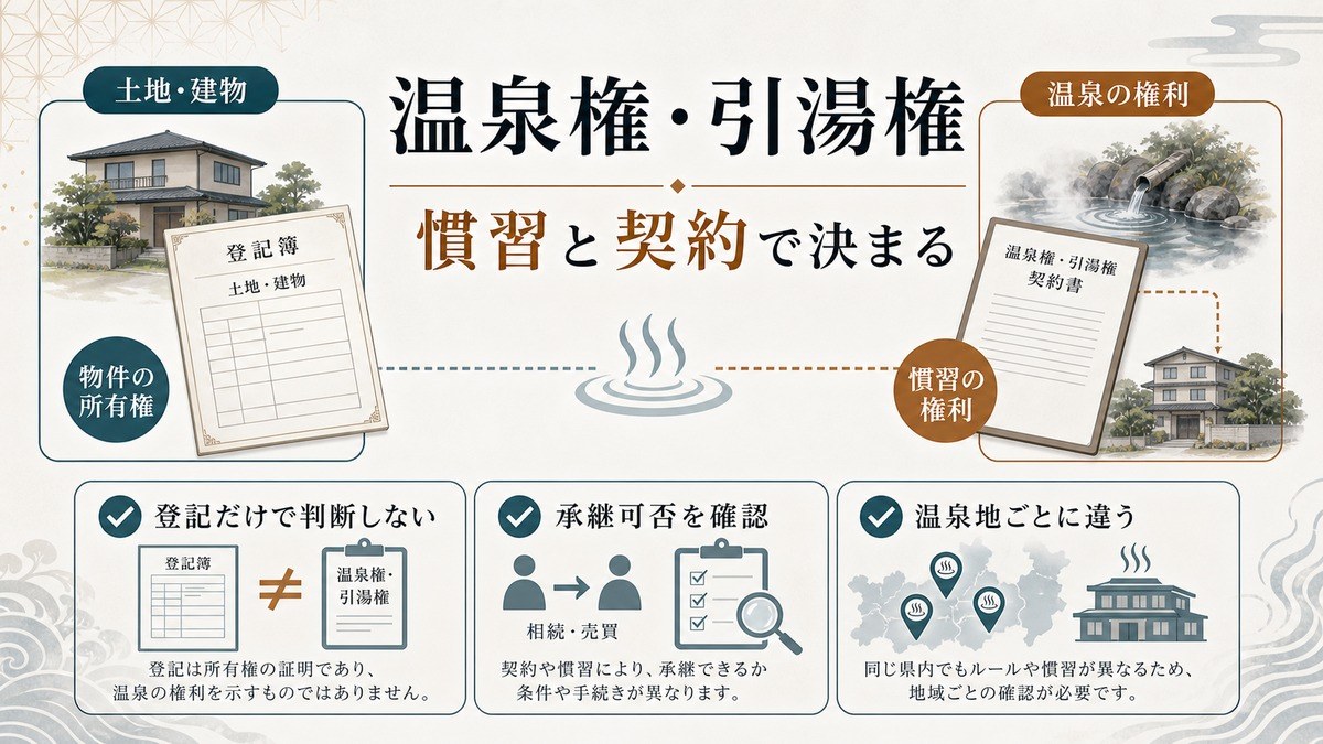温泉権・引湯権は慣習の権利——条文にないの要点を整理した図解