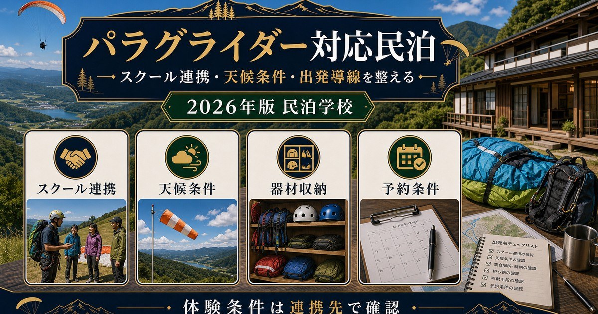 パラグライダー対応民泊のスクール連携、天候条件、器材収納、予約条件を整理した図