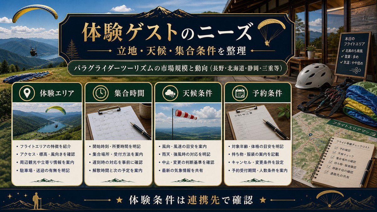 パラグライダー体験ゲストのニーズを体験エリア、集合時間、天候条件、予約条件で整理した図