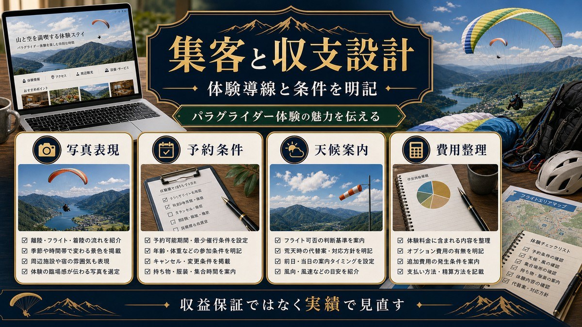 パラグライダー対応民泊の集客と収支設計を写真表現、予約条件、天候案内、費用整理で示した図
