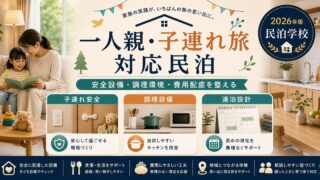 一人親と子連れ旅に対応する民泊の安全設備、調理設備、連泊設計を整理した図