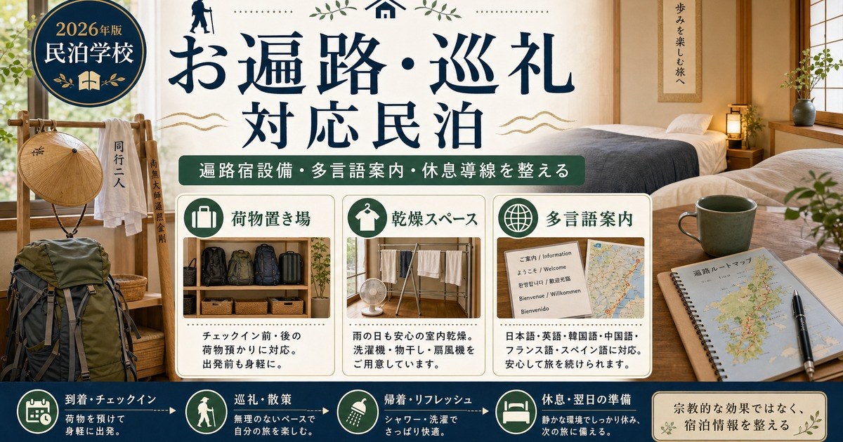 お遍路・巡礼対応民泊の荷物置き場、乾燥スペース、多言語案内を整理した図