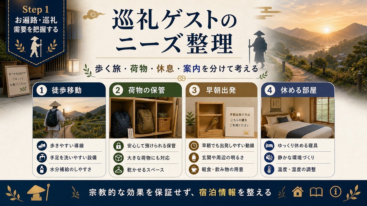巡礼ゲストのニーズを徒歩移動、荷物の保管、早朝出発、休める部屋で整理した図