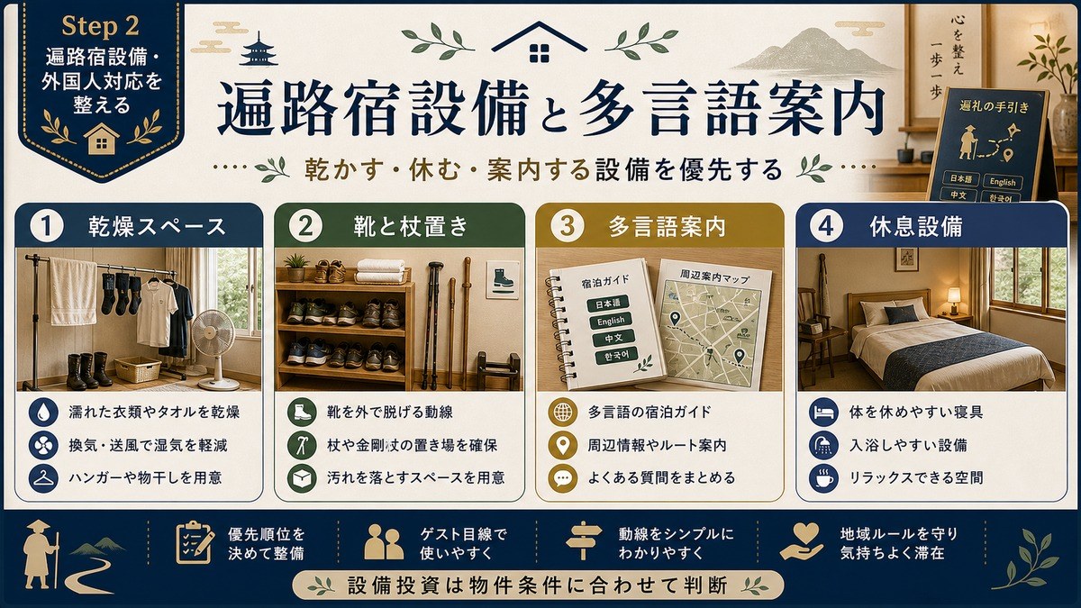 遍路宿設備と多言語案内を乾燥スペース、靴と杖置き、多言語案内、休息設備で整理した図