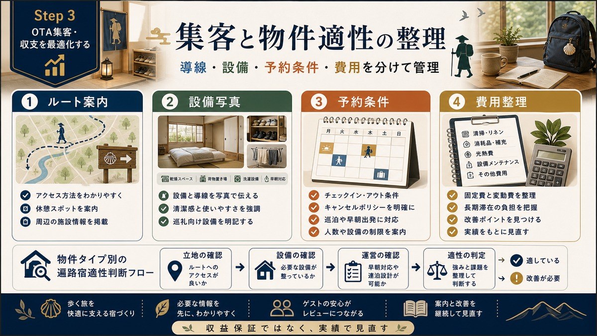 お遍路・巡礼対応民泊の集客と物件適性をルート案内、設備写真、予約条件、費用整理で示した図
