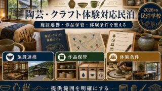 陶芸・クラフト体験対応民泊の施設連携、作品保管、体験条件を整理した図