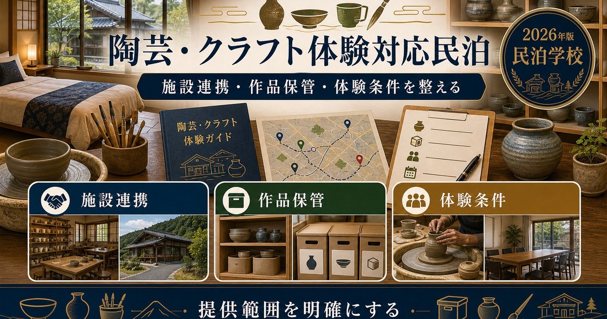 陶芸・クラフト体験対応民泊の施設連携、作品保管、体験条件を整理した図