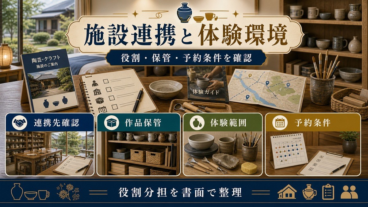 陶芸・クラフト施設連携と体験環境を連携先確認、作品保管、体験範囲、予約条件で整理した図