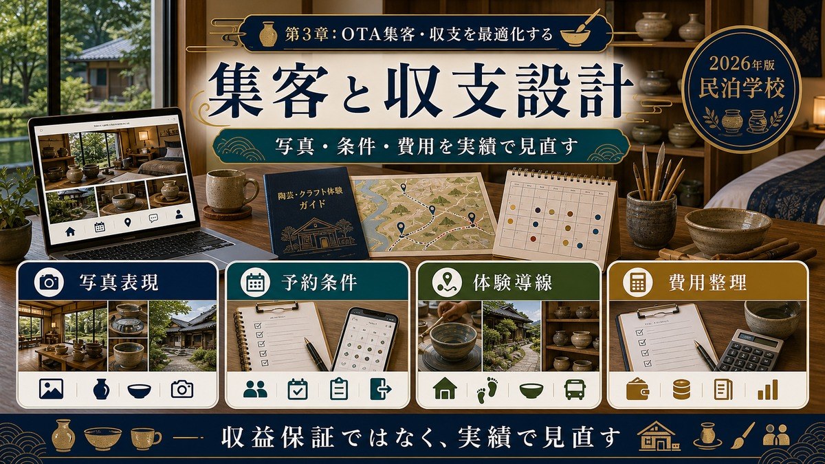 陶芸・クラフト体験対応民泊の集客と収支設計を写真表現、予約条件、体験導線、費用整理で示した図