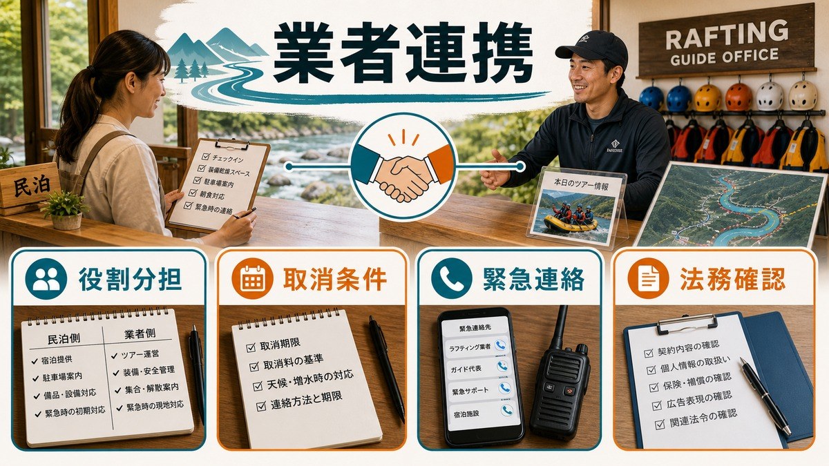 ラフティング業者やガイドとの役割分担・取消条件・緊急連絡・法務確認を整理した連携図
