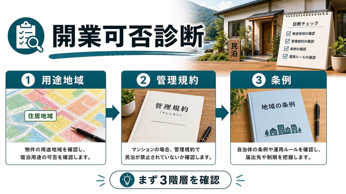 民泊開業前に用途地域・管理規約・条例の3階層を確認する開業可否診断の図
