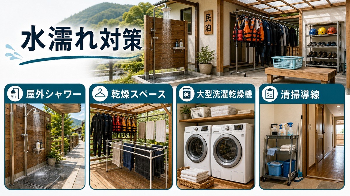 ラフティング向け民泊の屋外シャワー・乾燥スペース・大型洗濯乾燥機・清掃導線を整理した設備図