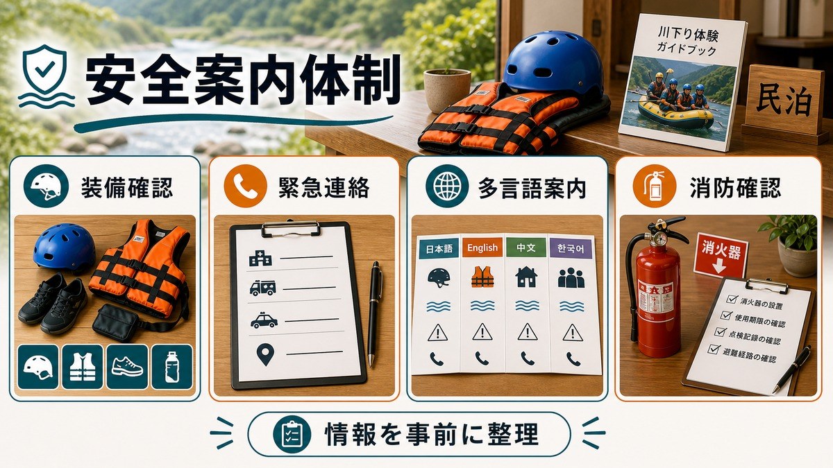 ラフティングゲスト向けの装備確認・緊急連絡・多言語案内・消防確認を整理した安全案内体制図