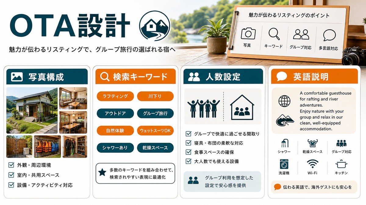 ラフティング向け民泊のOTA写真構成・検索キーワード・人数設定・英語説明を整理した図