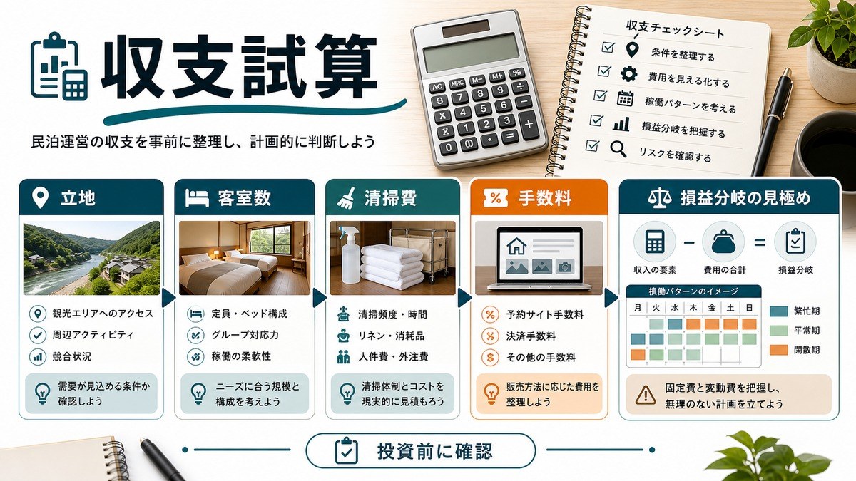ラフティング向け民泊の立地・客室数・清掃費・手数料・損益分岐を投資前に整理する収支試算図