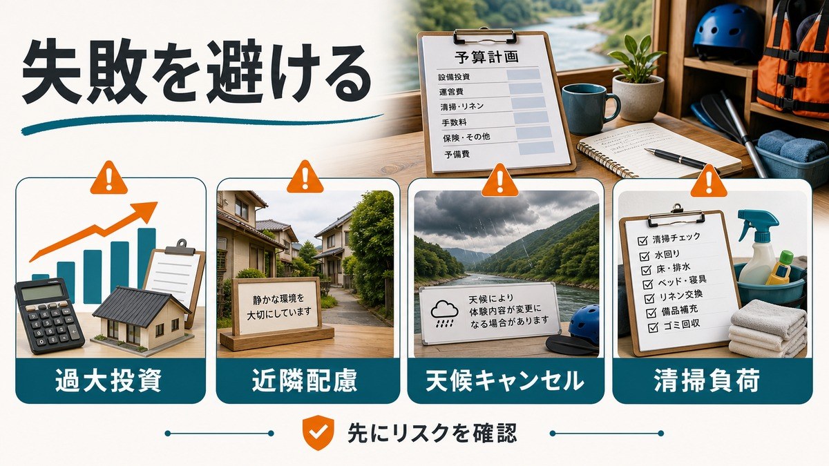ラフティング向け民泊で過大投資・近隣配慮・天候キャンセル・清掃負荷を事前確認するリスク整理図