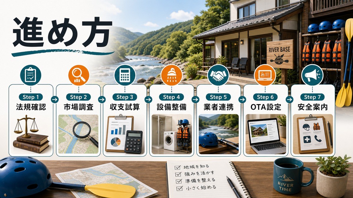 ラフティング需要を活かす民泊運営の法規確認・市場調査・収支試算・設備整備・業者連携・OTA設定・安全案内の手順図