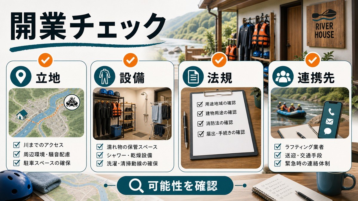 ラフティング向け民泊の立地・設備・法規・連携先を確認する開業チェック図