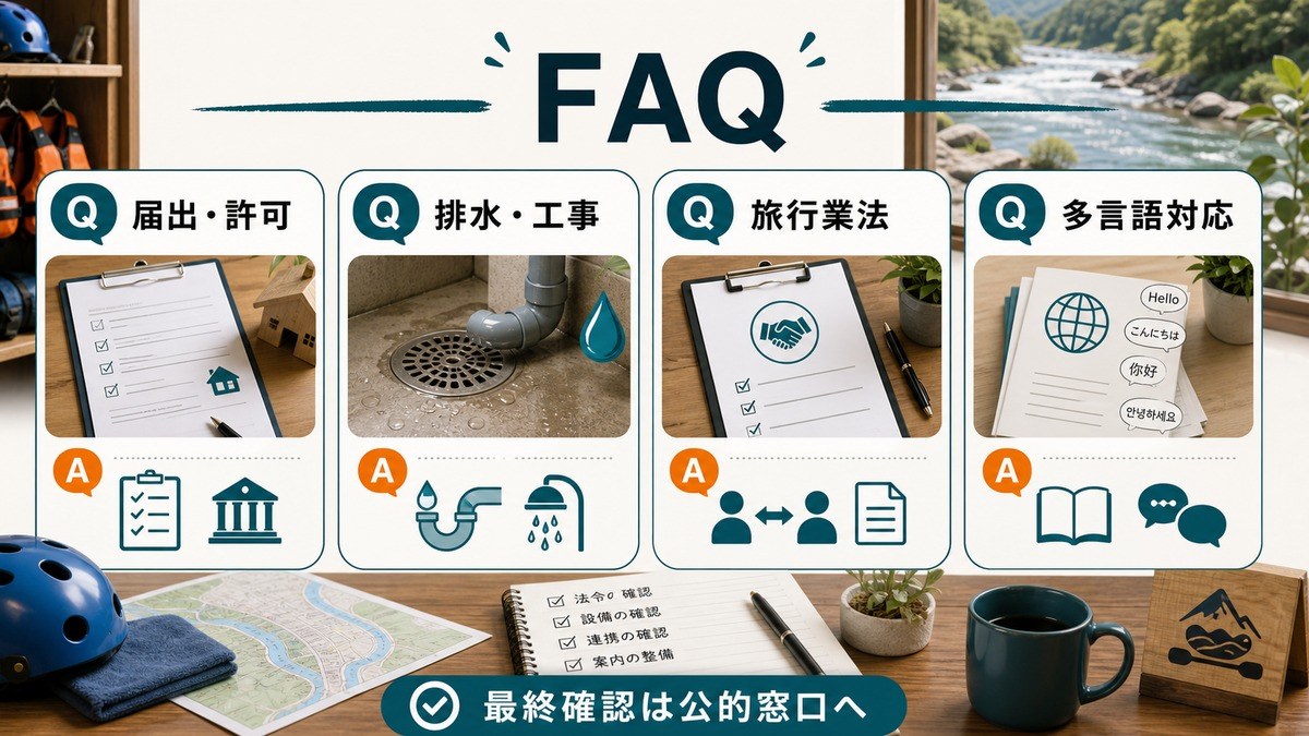 ラフティング向け民泊の届出許可・排水工事・旅行業法・多言語対応に関するFAQを整理した図