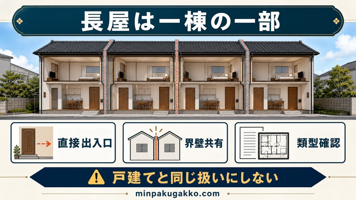 連棟式建物・長屋とは何か——建築基準法での位置づけの要点を整理した図解