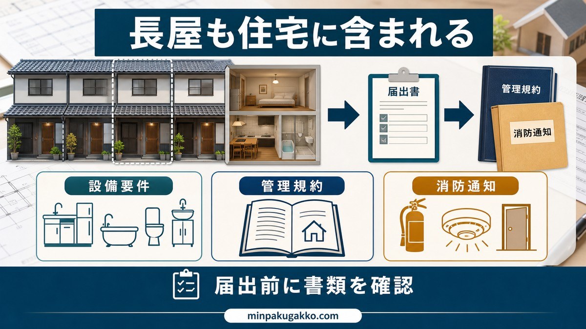 民泊（住宅宿泊事業法）の届出はできるか——長屋は「住宅」に含まれるの要点を整理した図解