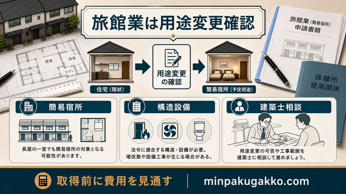 旅館業（簡易宿所）の許可はできるか——用途変更の確認に注意の要点を整理した図解
