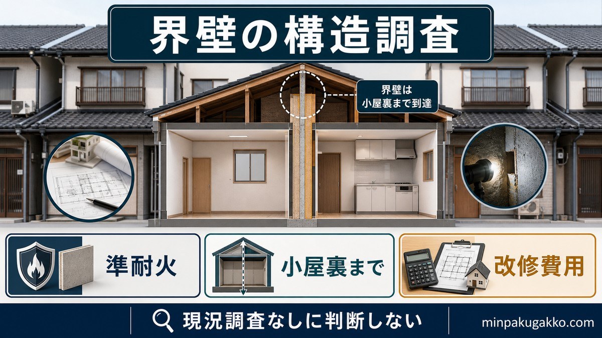 界壁の準耐火構造要件（建基法30条・令114条）——既存界壁の調査が要の要点を整理した図解