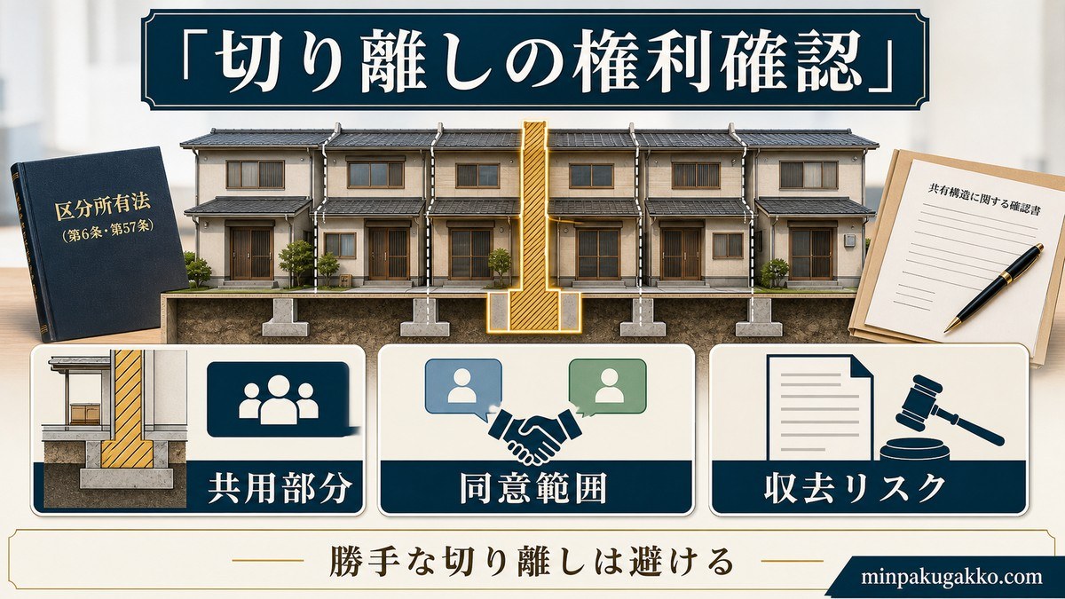 「切り離し」は自由にできるか——区分所有法6条・57条と収去命令の判例の要点を整理した図解