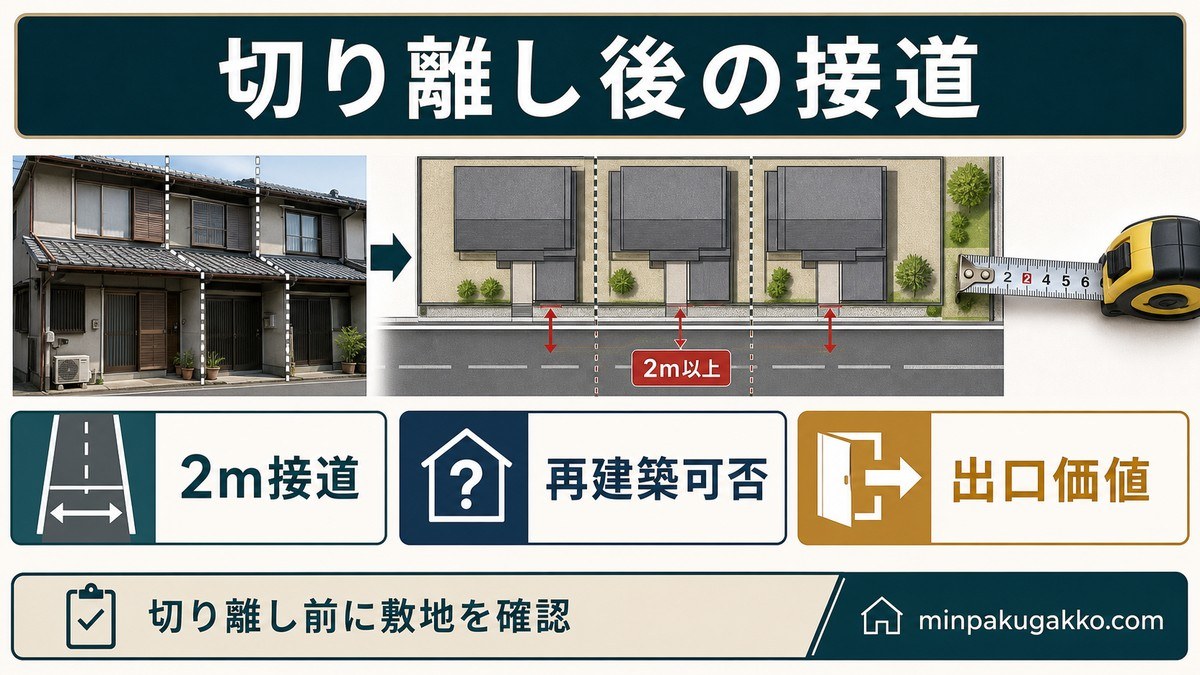切り離し後の再建築不可リスク——建基法43条の接道義務の要点を整理した図解