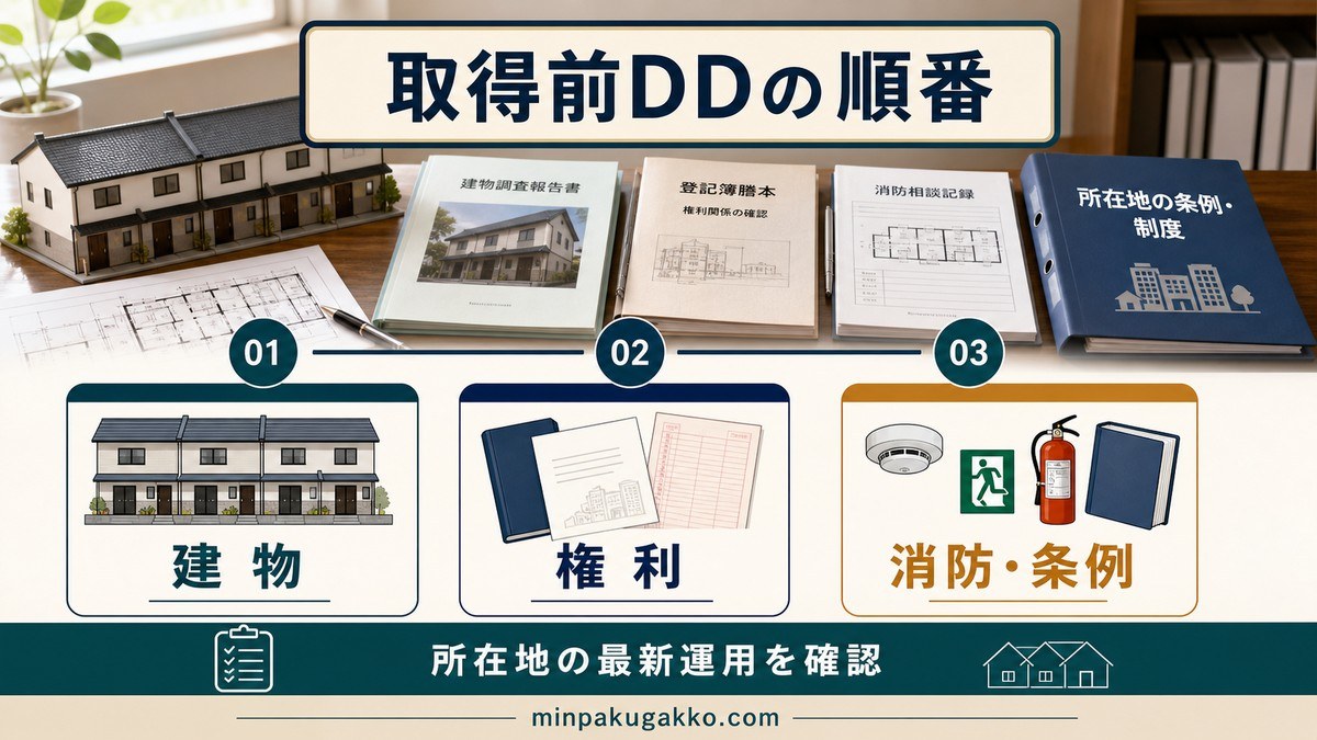 取得前のデューデリジェンスと、自治体条例の差の要点を整理した図解