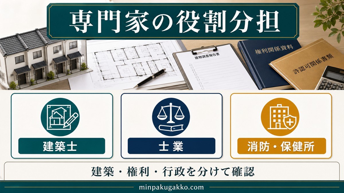 連棟・長屋の民泊で関わる専門家の役割分担の要点を整理した図解