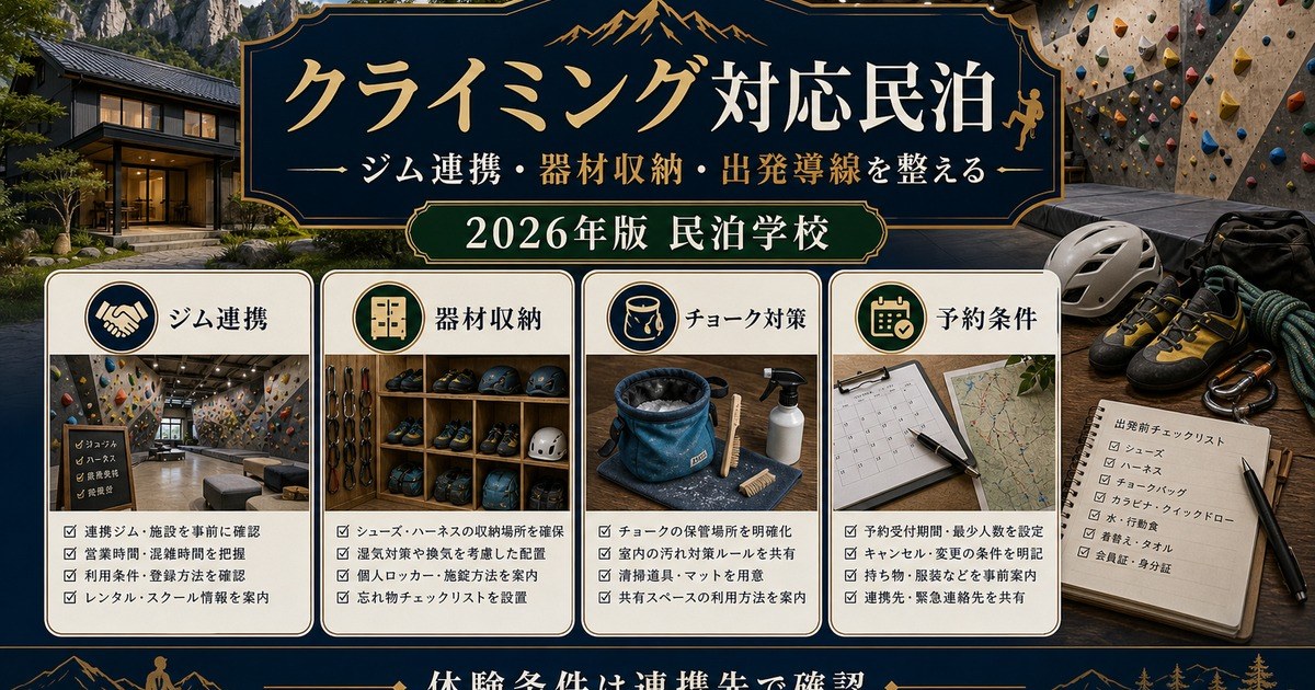 クライミング対応民泊のジム連携、器材収納、チョーク対策、予約条件を整理した図
