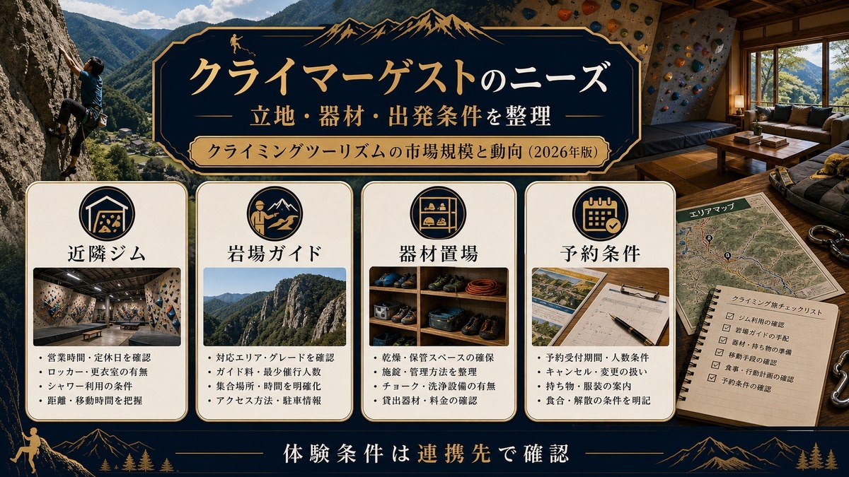 クライマーゲストのニーズを近隣ジム、岩場ガイド、器材置場、予約条件で整理した図