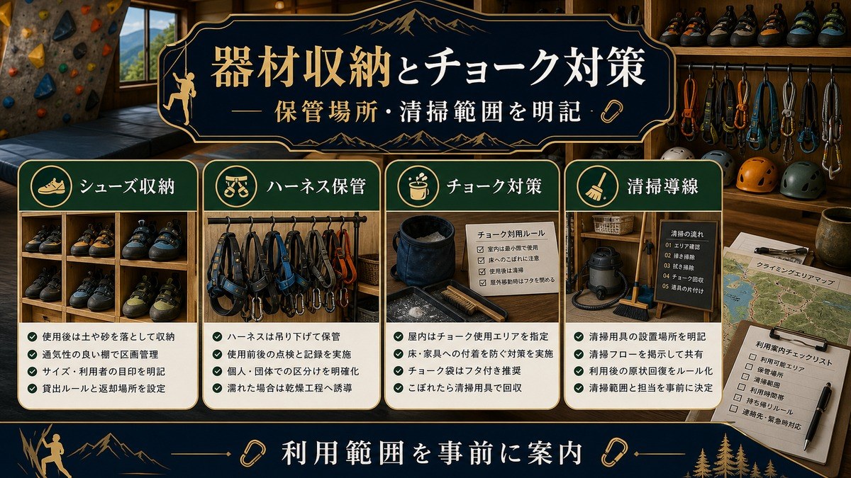 器材収納とチョーク対策をシューズ収納、ハーネス保管、チョーク対策、清掃導線で整理した図