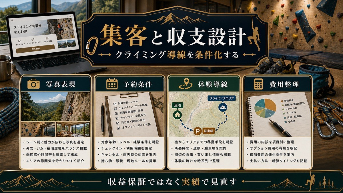 クライミング対応民泊の集客と収支設計を写真表現、予約条件、体験導線、費用整理で示した図