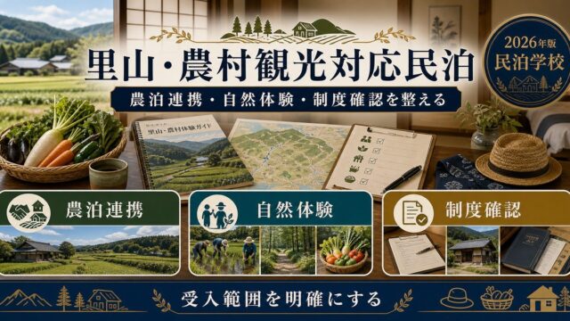 里山・農村観光対応民泊の農泊連携、自然体験、制度確認を整理した図