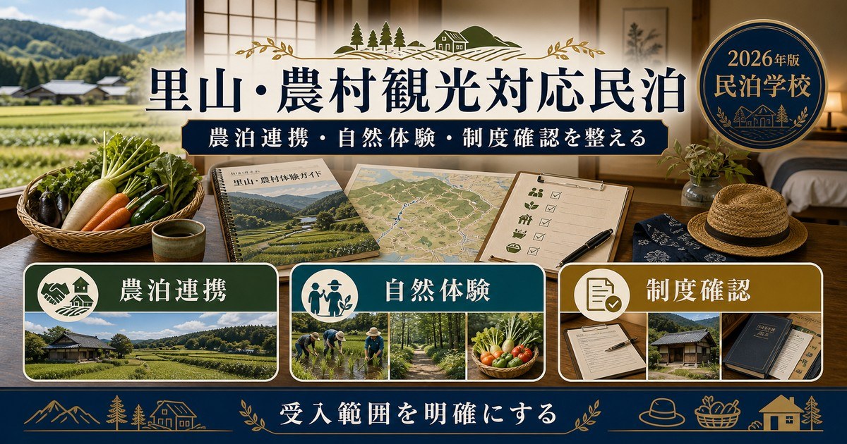 里山・農村観光対応民泊の農泊連携、自然体験、制度確認を整理した図